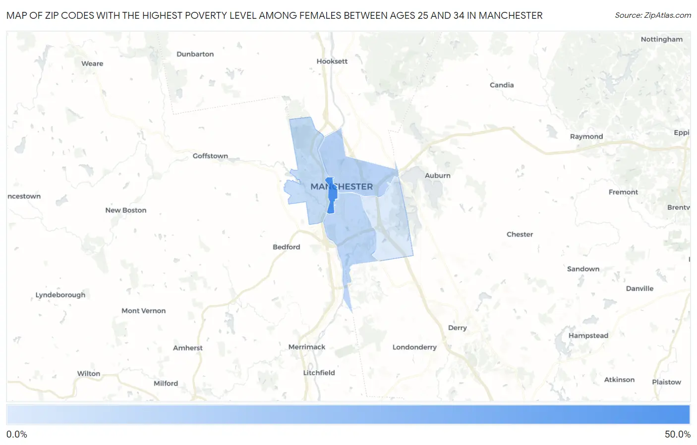 Zip Codes with the Highest Poverty Level Among Females Between Ages 25 and 34 in Manchester Map