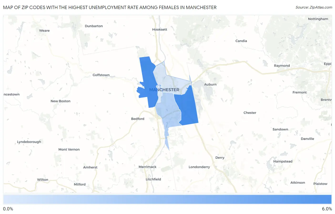 Zip Codes with the Highest Unemployment Rate Among Females in Manchester Map