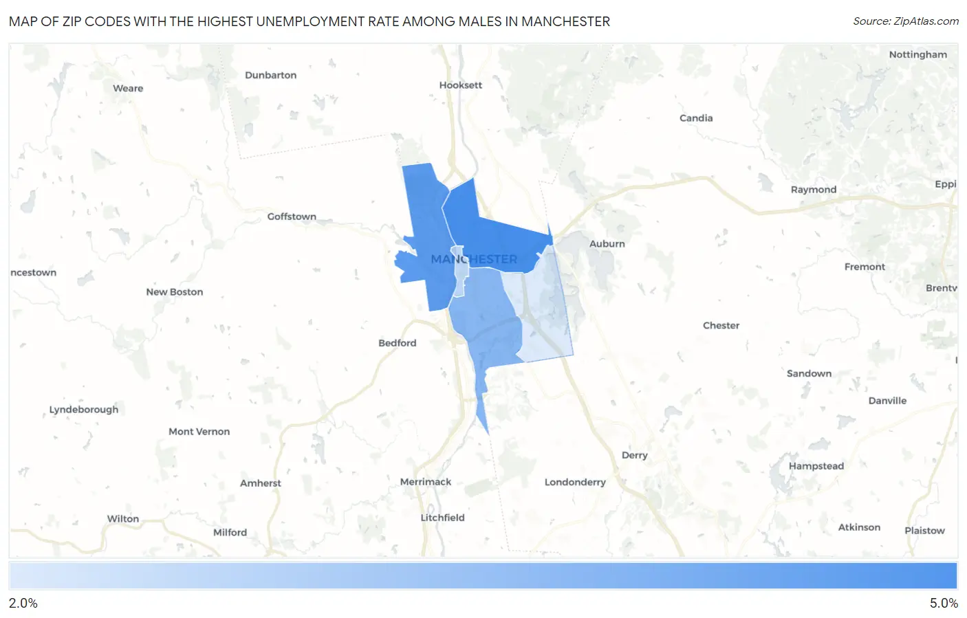 Zip Codes with the Highest Unemployment Rate Among Males in Manchester Map