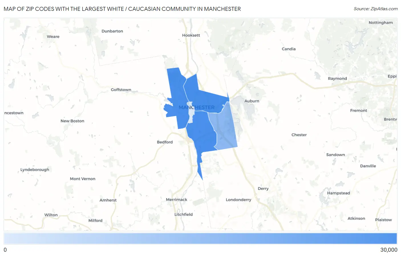 Zip Codes with the Largest White / Caucasian Community in Manchester Map