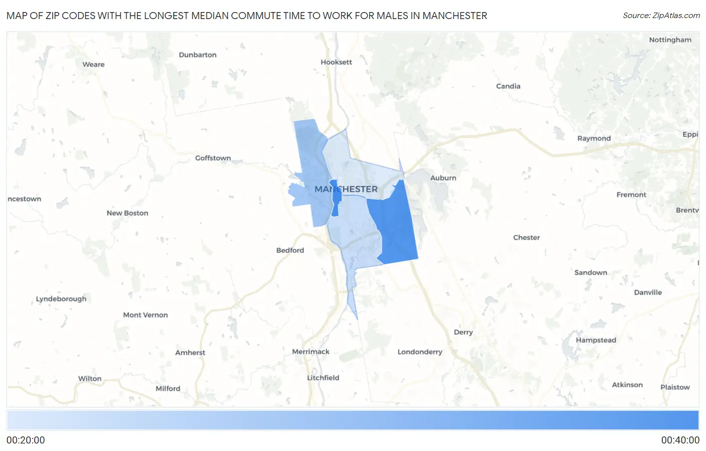 Zip Codes with the Longest Median Commute Time to Work for Males in Manchester Map