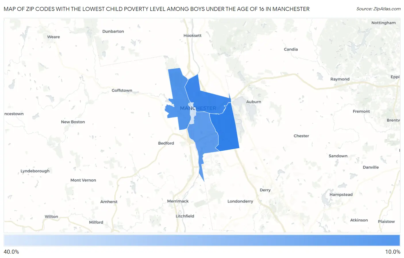 Zip Codes with the Lowest Child Poverty Level Among Boys Under the Age of 16 in Manchester Map