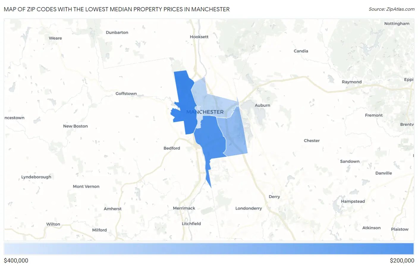 Zip Codes with the Lowest Median Property Prices in Manchester Map