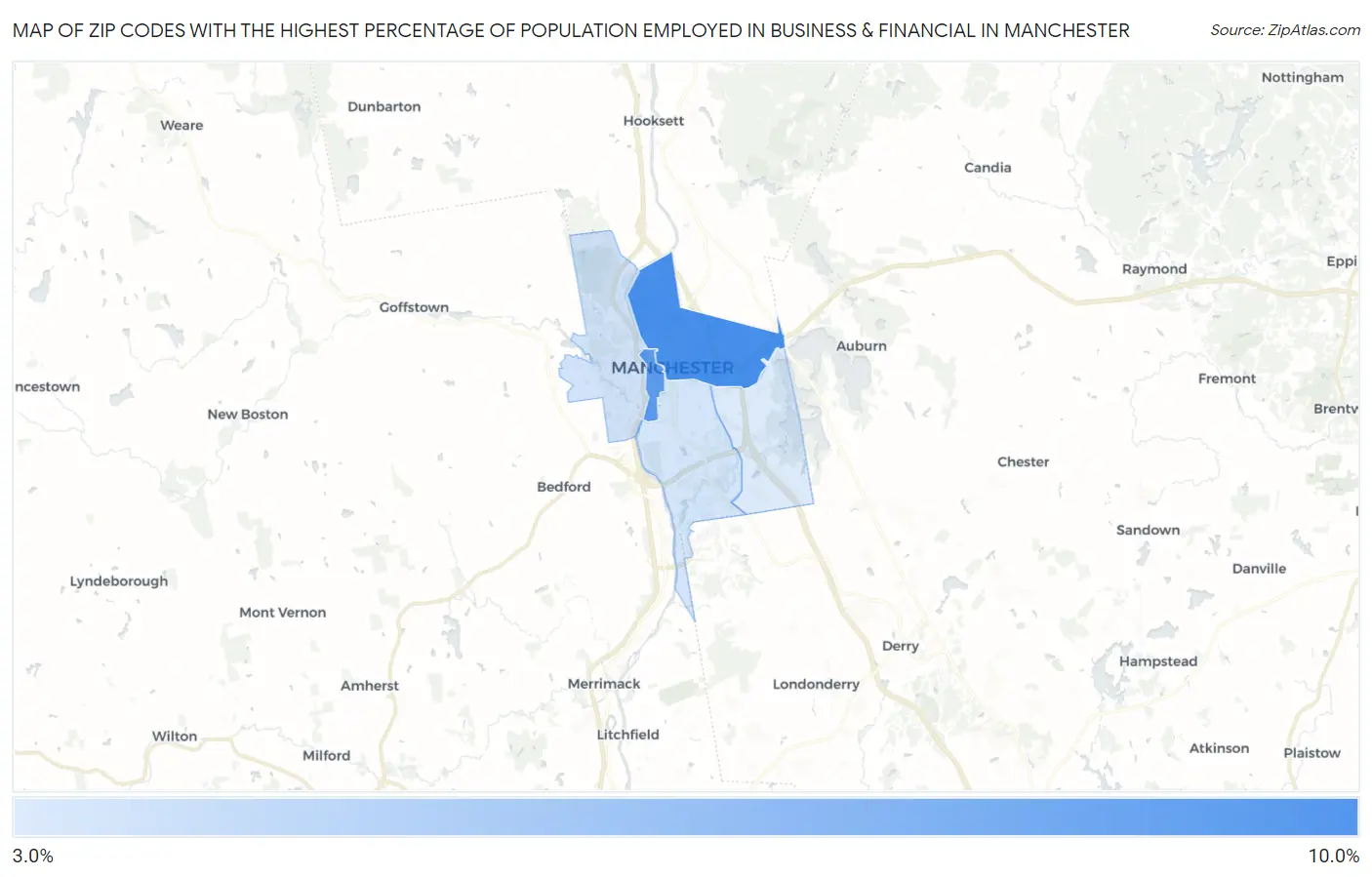 Zip Codes with the Highest Percentage of Population Employed in Business & Financial in Manchester Map