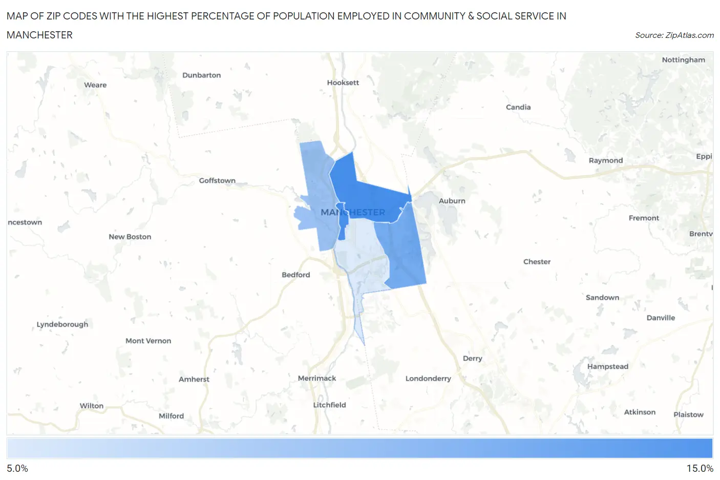 Zip Codes with the Highest Percentage of Population Employed in Community & Social Service  in Manchester Map