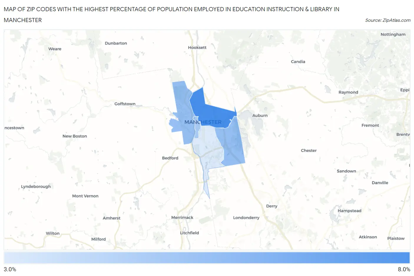 Zip Codes with the Highest Percentage of Population Employed in Education Instruction & Library in Manchester Map