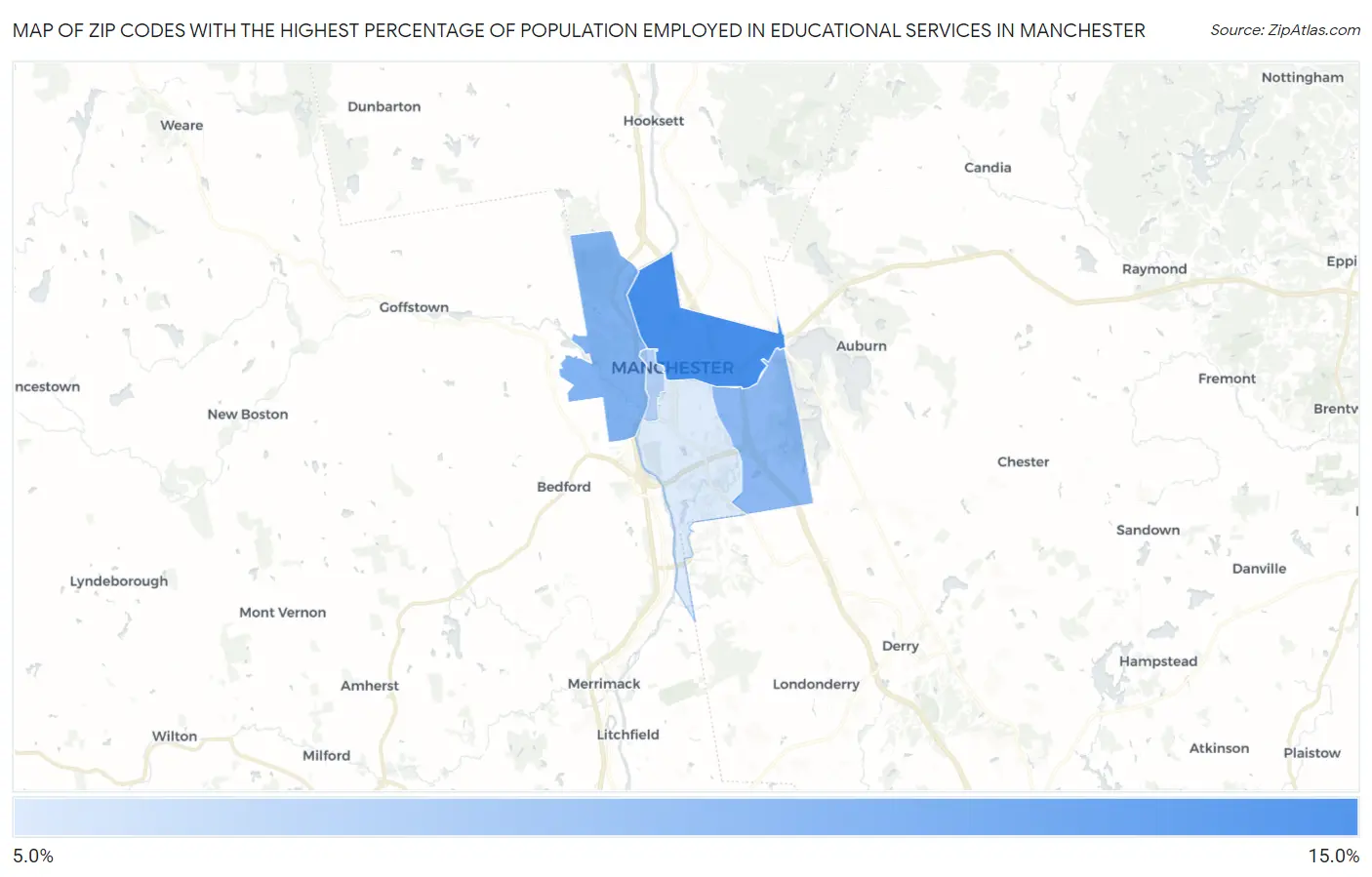 Zip Codes with the Highest Percentage of Population Employed in Educational Services in Manchester Map