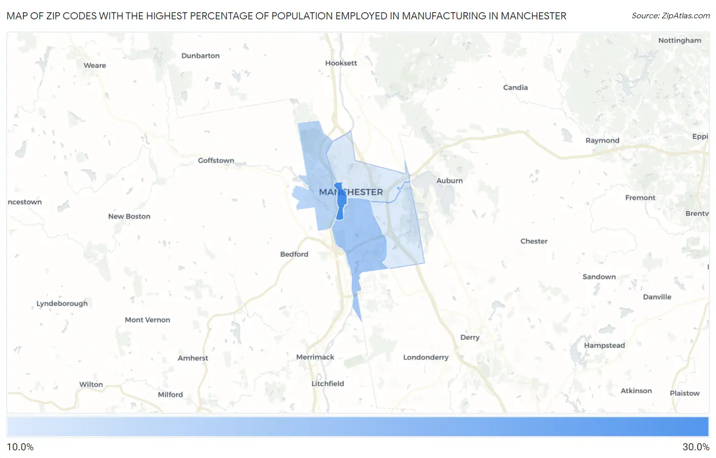 Zip Codes with the Highest Percentage of Population Employed in Manufacturing in Manchester Map