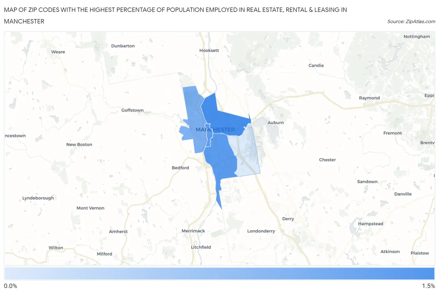 Zip Codes with the Highest Percentage of Population Employed in Real Estate, Rental & Leasing in Manchester Map