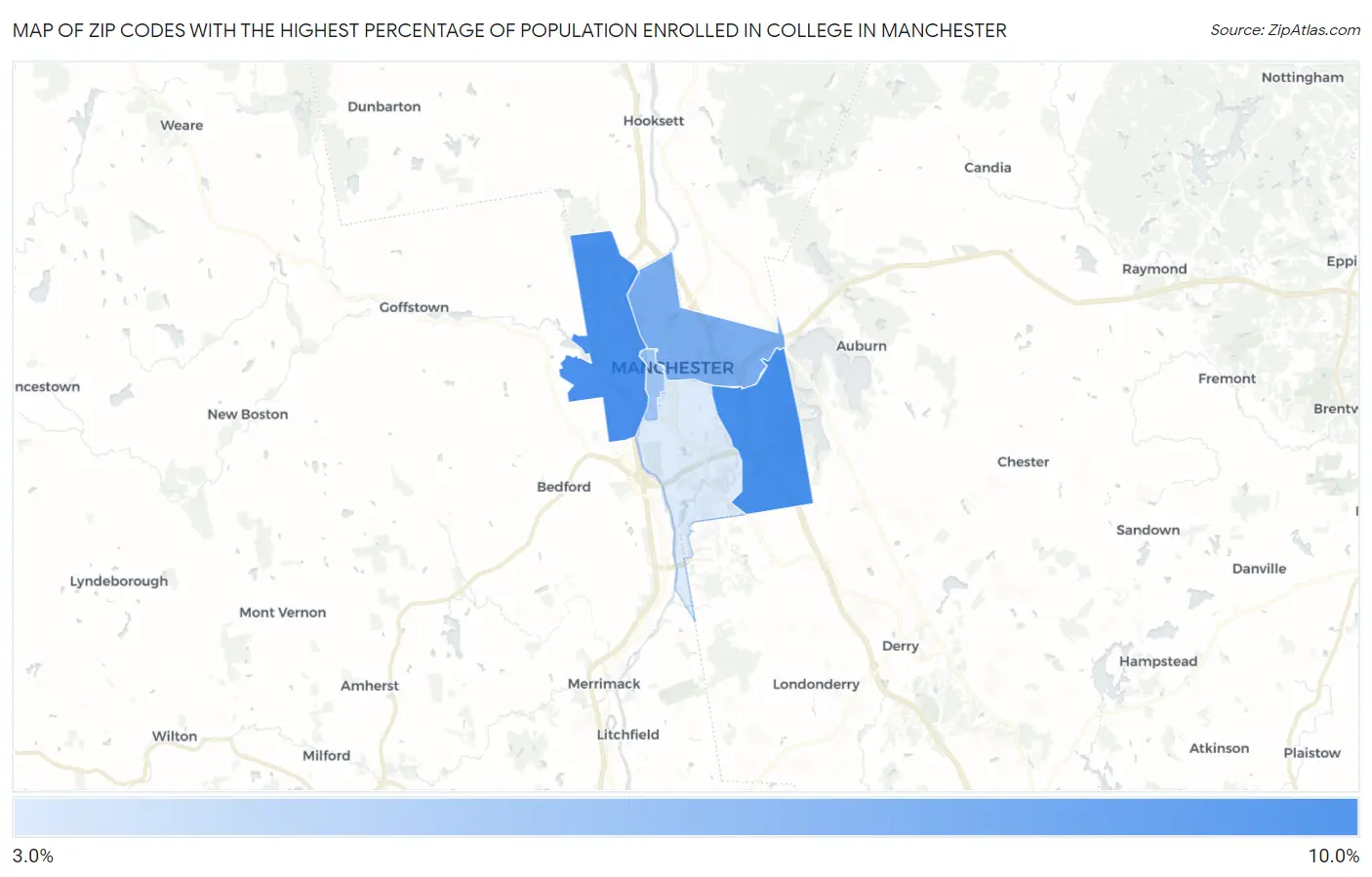 Zip Codes with the Highest Percentage of Population Enrolled in College in Manchester Map