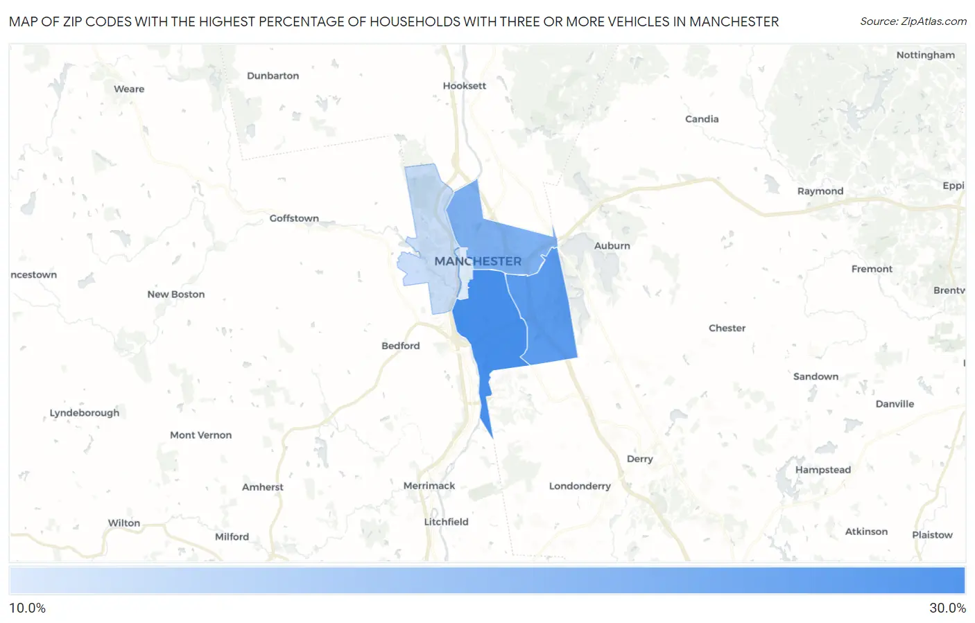 Zip Codes with the Highest Percentage of Households With Three or more Vehicles in Manchester Map