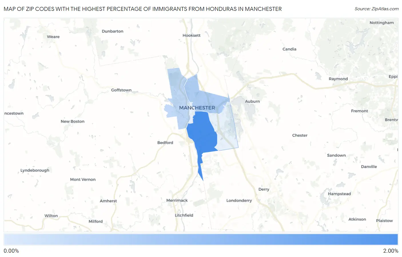 Zip Codes with the Highest Percentage of Immigrants from Honduras in Manchester Map