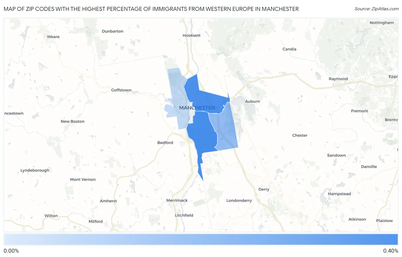 Zip Codes with the Highest Percentage of Immigrants from Western Europe in Manchester Map