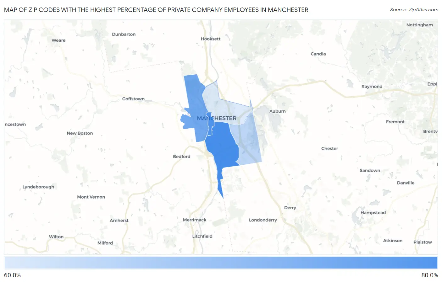 Zip Codes with the Highest Percentage of Private Company Employees in Manchester Map