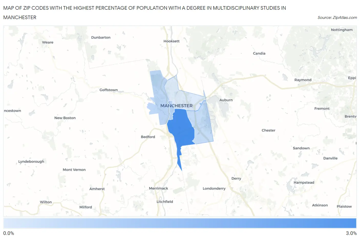 Zip Codes with the Highest Percentage of Population with a Degree in Multidisciplinary Studies in Manchester Map