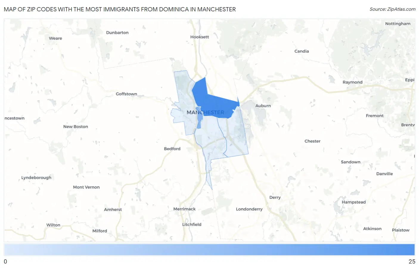 Zip Codes with the Most Immigrants from Dominica in Manchester Map