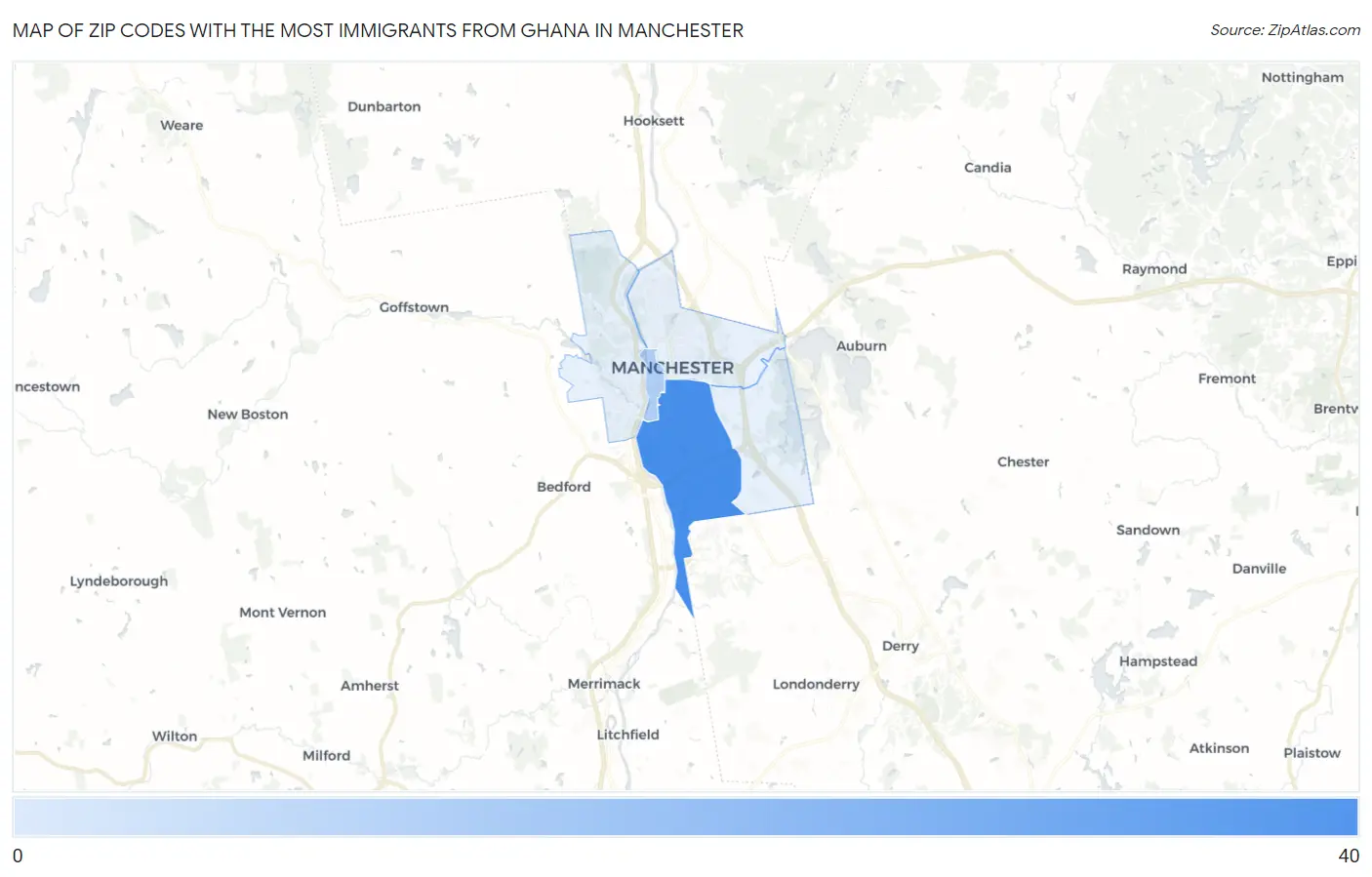 Zip Codes with the Most Immigrants from Ghana in Manchester Map
