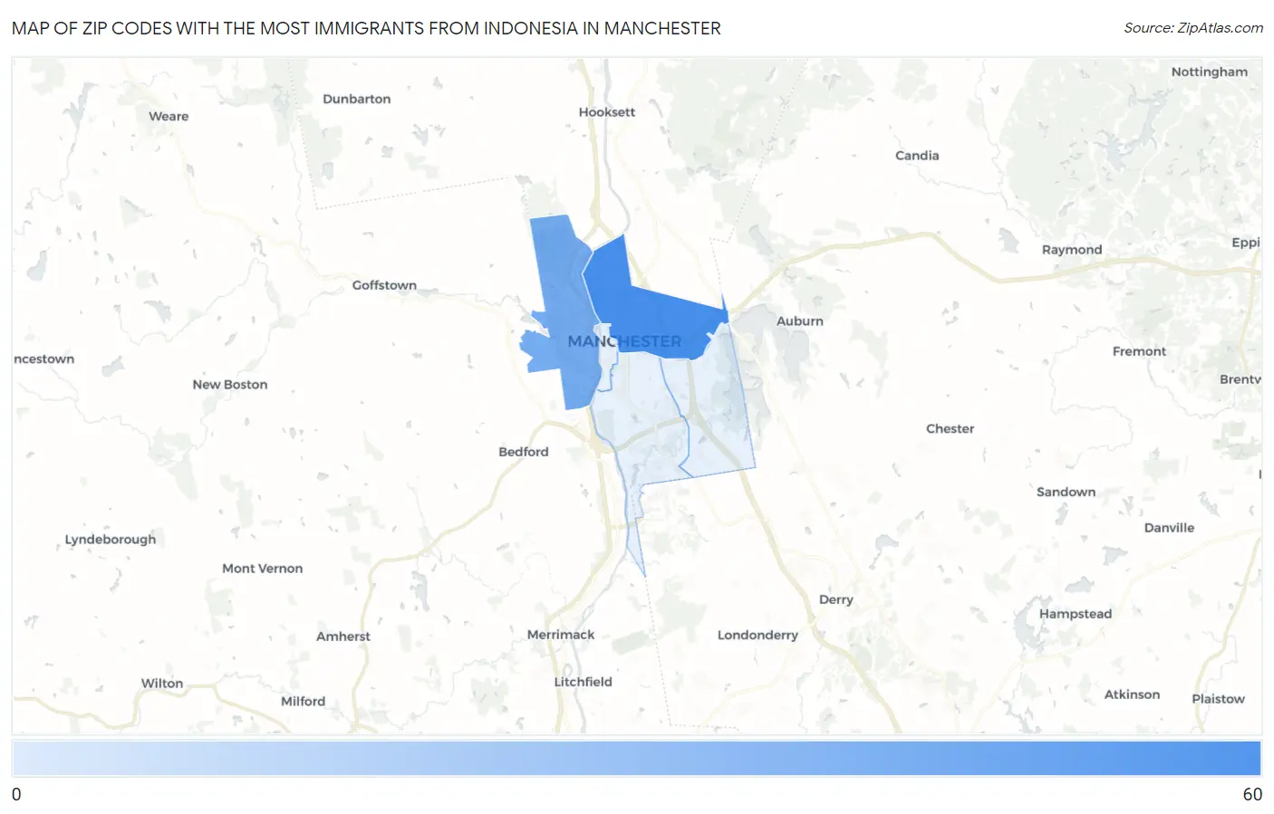 Zip Codes with the Most Immigrants from Indonesia in Manchester Map