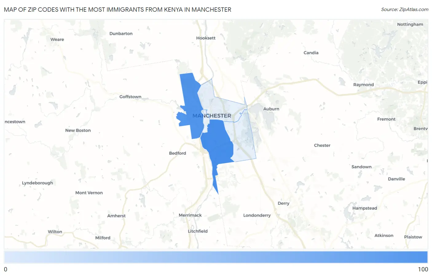 Zip Codes with the Most Immigrants from Kenya in Manchester Map