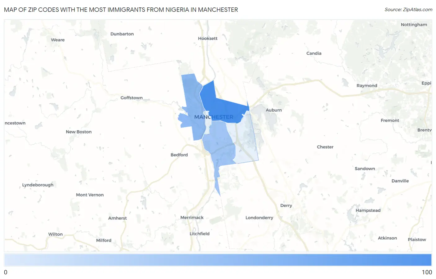 Zip Codes with the Most Immigrants from Nigeria in Manchester Map