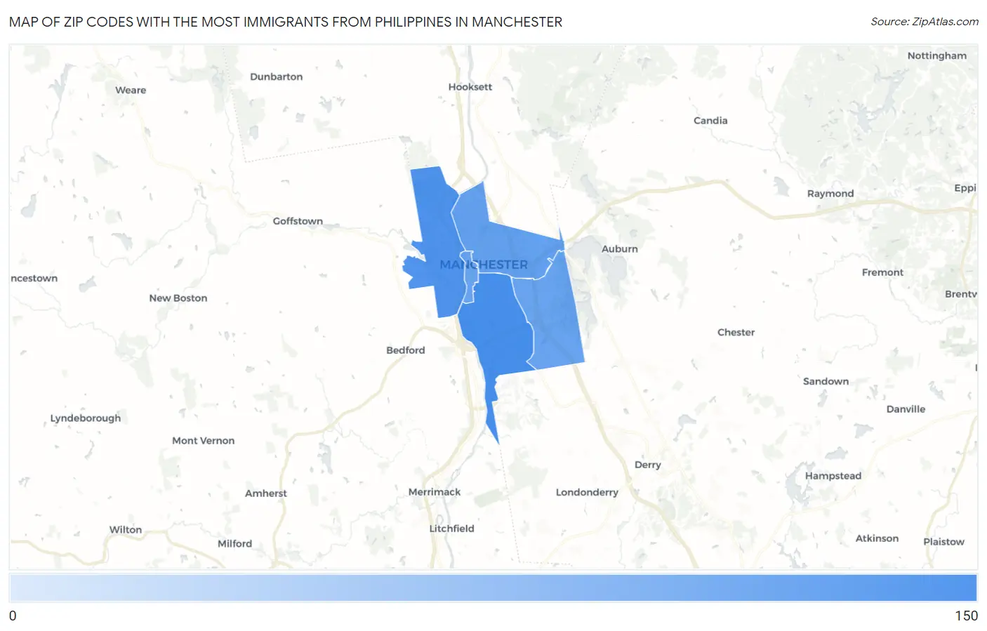 Zip Codes with the Most Immigrants from Philippines in Manchester Map