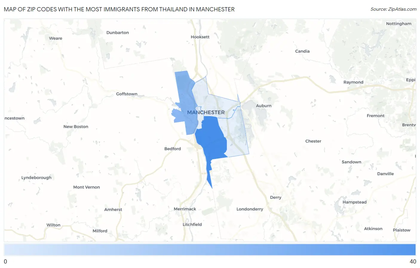 Zip Codes with the Most Immigrants from Thailand in Manchester Map