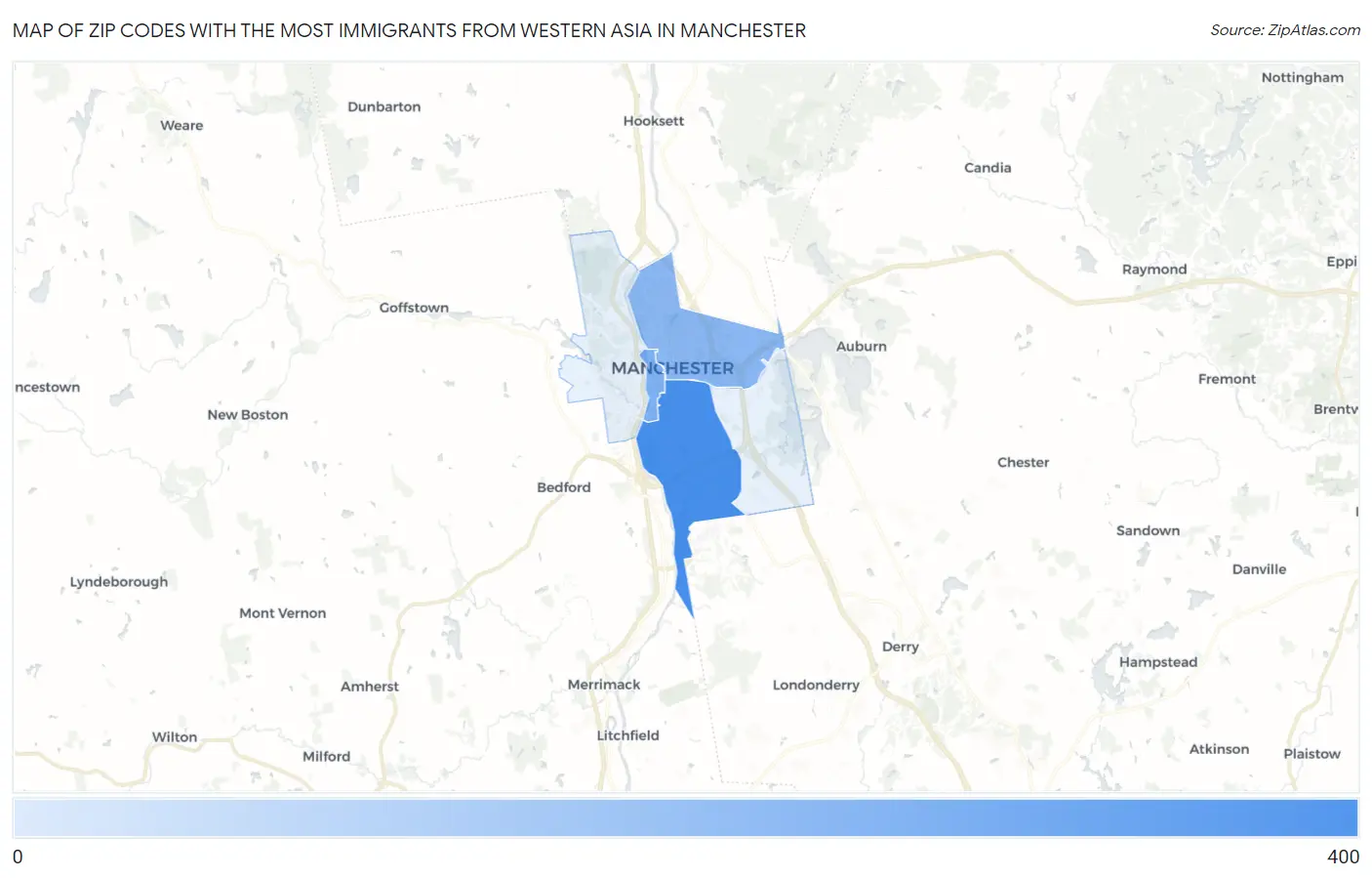 Zip Codes with the Most Immigrants from Western Asia in Manchester Map