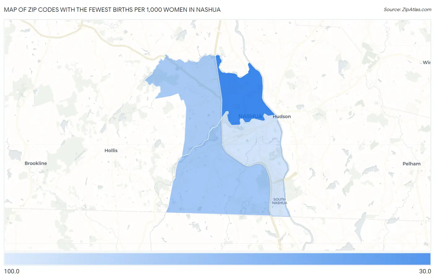 Zip Codes with the Fewest Births per 1,000 Women in Nashua Map