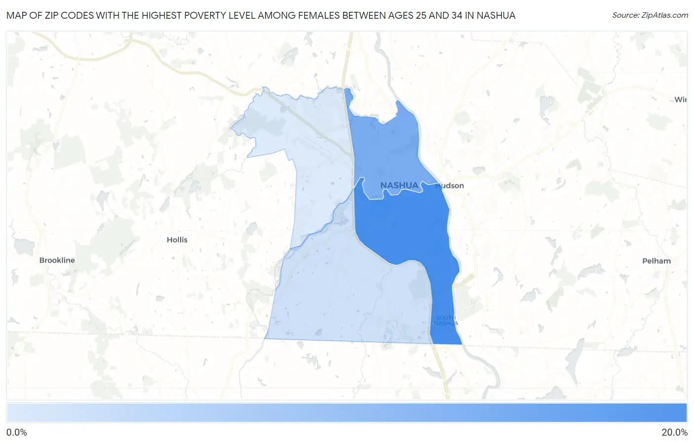Zip Codes with the Highest Poverty Level Among Females Between Ages 25 and 34 in Nashua Map