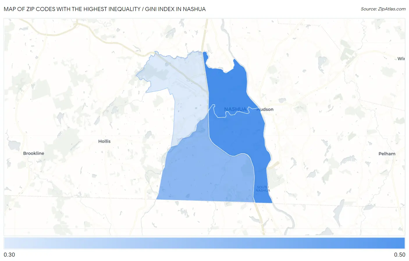 Zip Codes with the Highest Inequality / Gini Index in Nashua Map