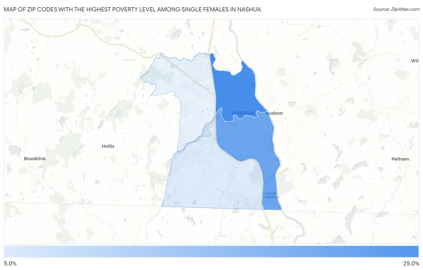 Zip Codes with the Highest Poverty Level Among Single Females in Nashua Map