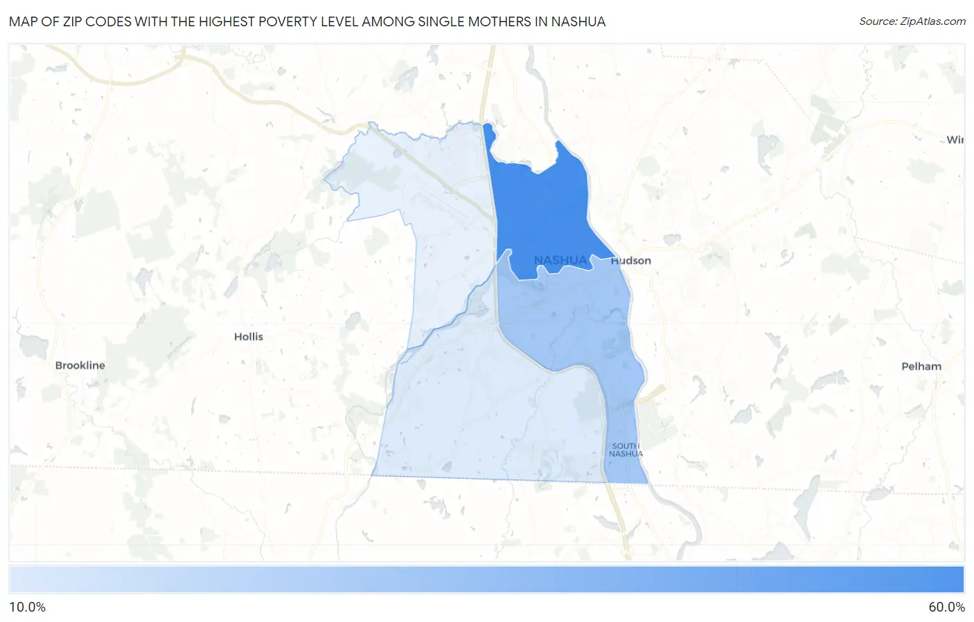 Zip Codes with the Highest Poverty Level Among Single Mothers in Nashua Map