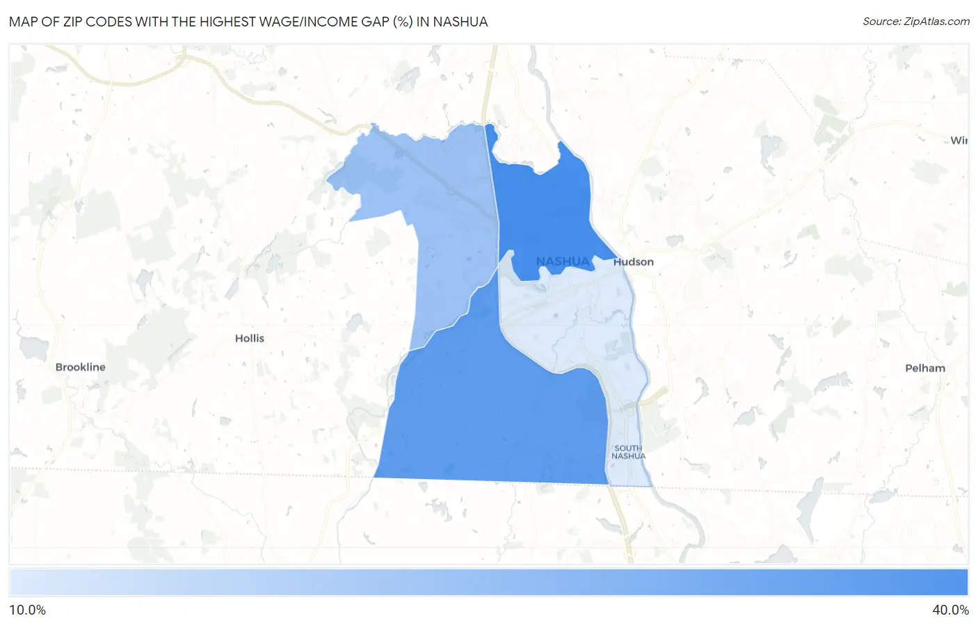Zip Codes with the Highest Wage/Income Gap (%) in Nashua Map