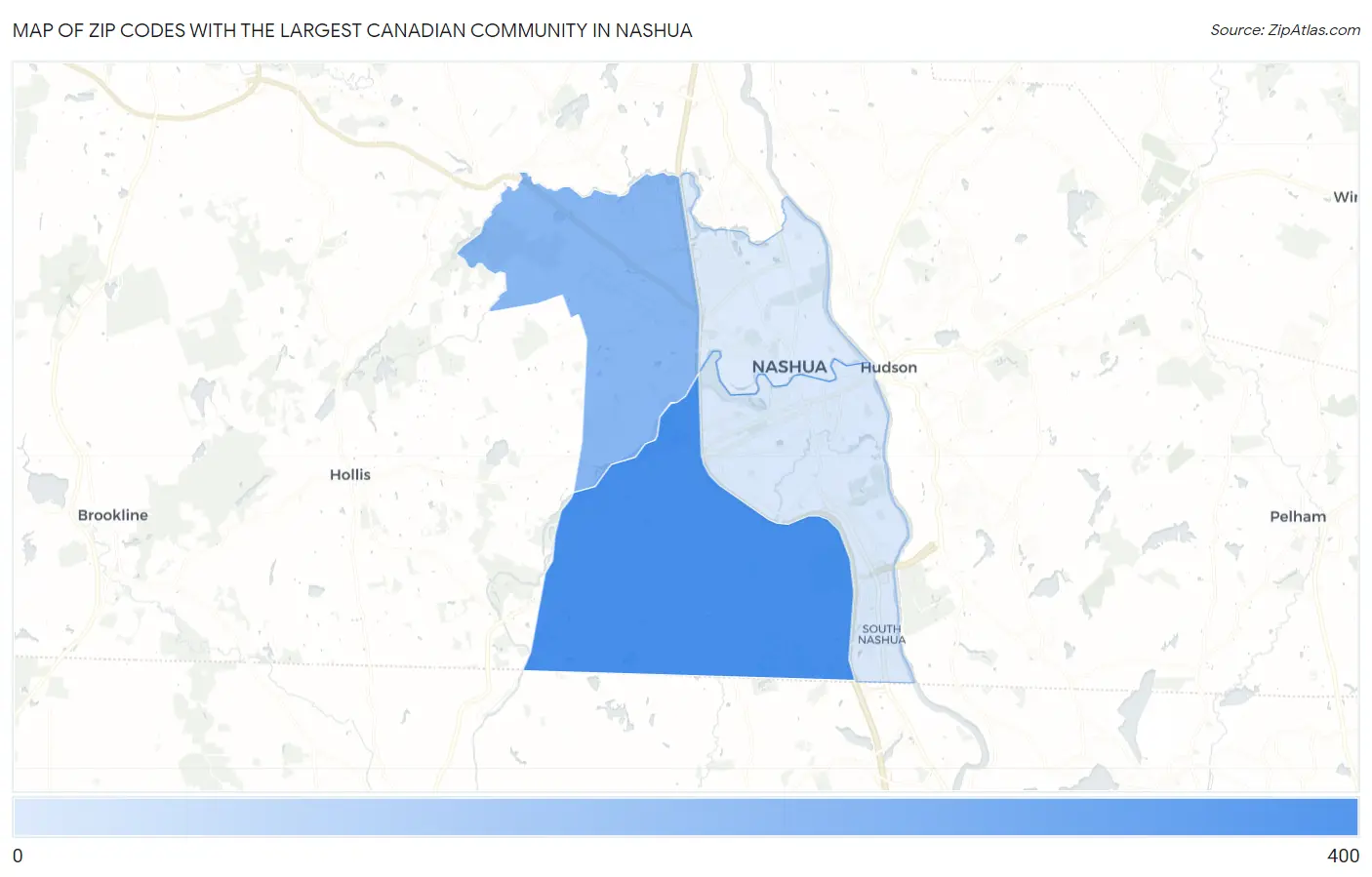 Zip Codes with the Largest Canadian Community in Nashua Map