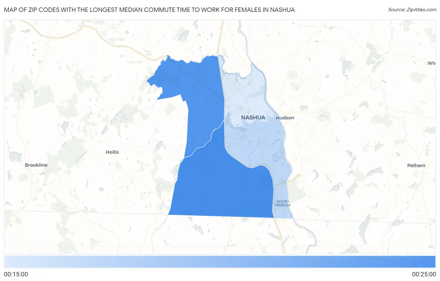Zip Codes with the Longest Median Commute Time to Work for Females in Nashua Map