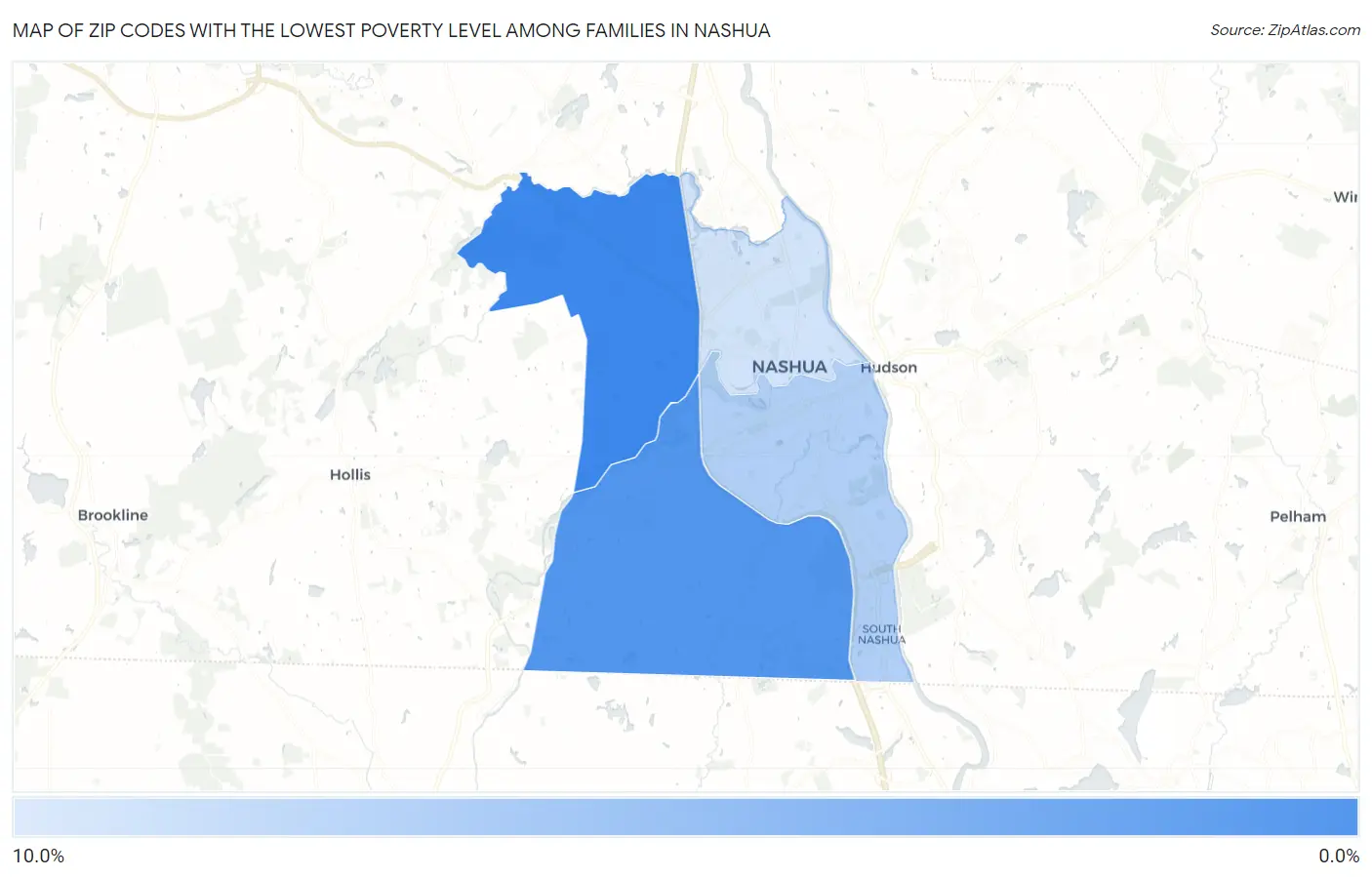 Zip Codes with the Lowest Poverty Level Among Families in Nashua Map