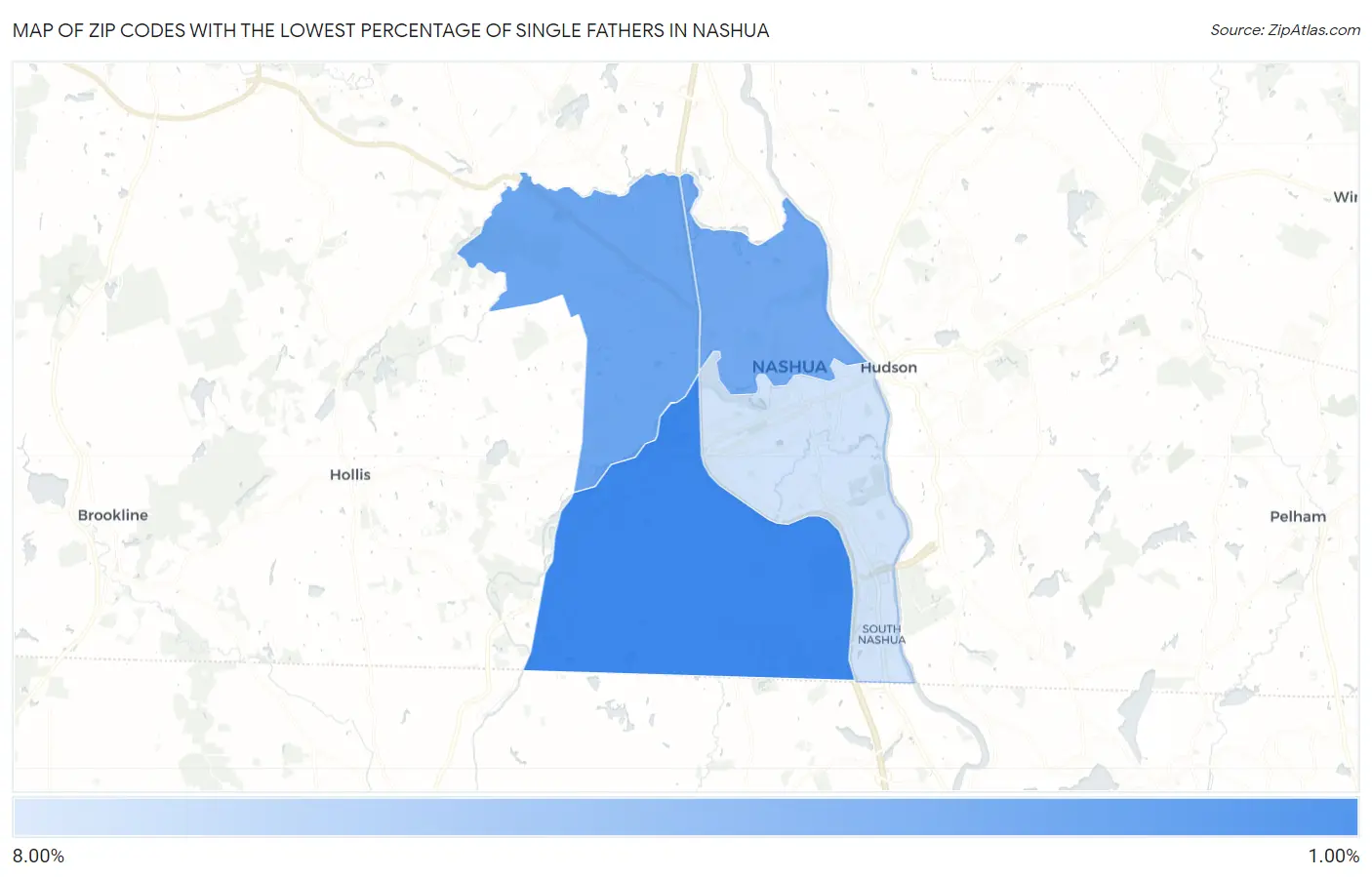 Zip Codes with the Lowest Percentage of Single Fathers in Nashua Map