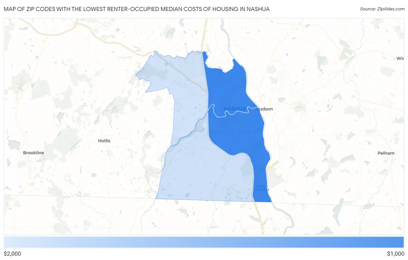 Zip Codes with the Lowest Renter-Occupied Median Costs of Housing in Nashua Map