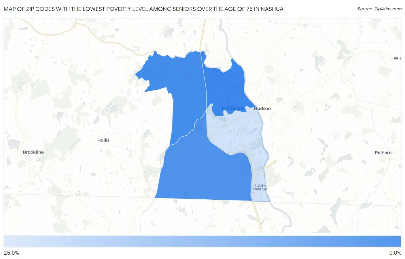 Zip Codes with the Lowest Poverty Level Among Seniors Over the Age of 75 in Nashua Map