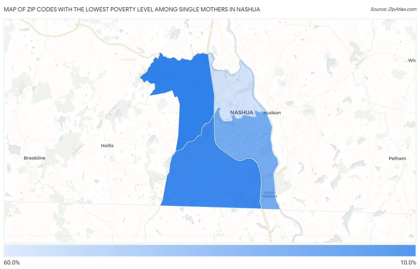 Zip Codes with the Lowest Poverty Level Among Single Mothers in Nashua Map