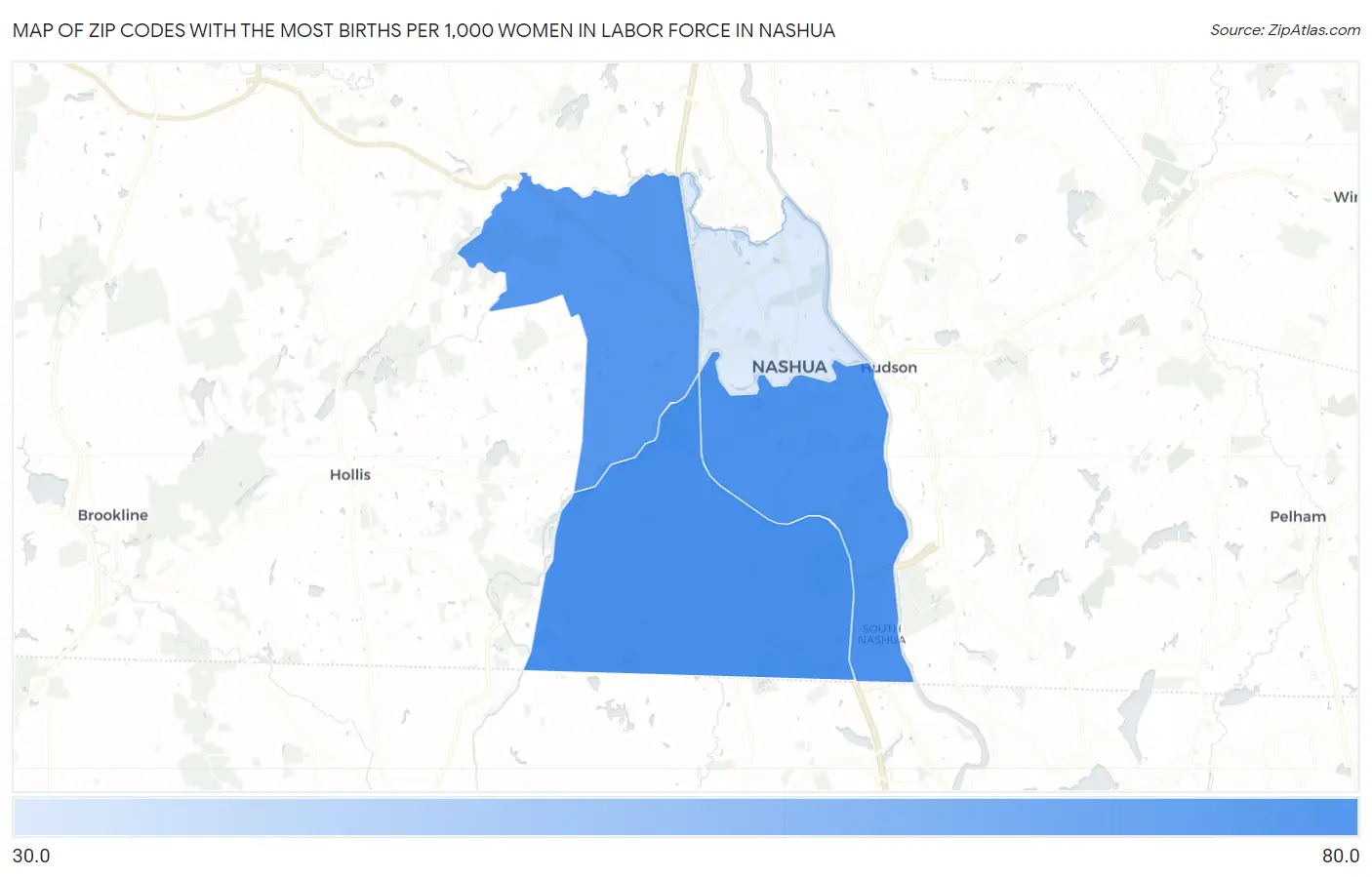 Zip Codes with the Most Births per 1,000 Women in Labor Force in Nashua Map