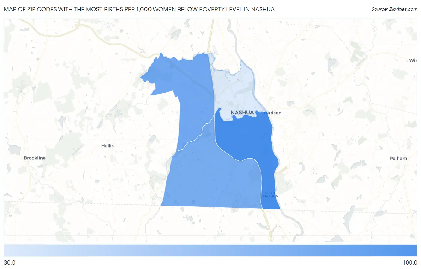 Zip Codes with the Most Births per 1,000 Women Below Poverty Level in Nashua Map