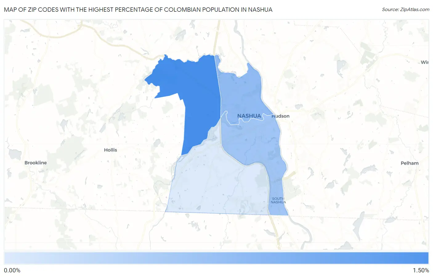 Zip Codes with the Highest Percentage of Colombian Population in Nashua Map