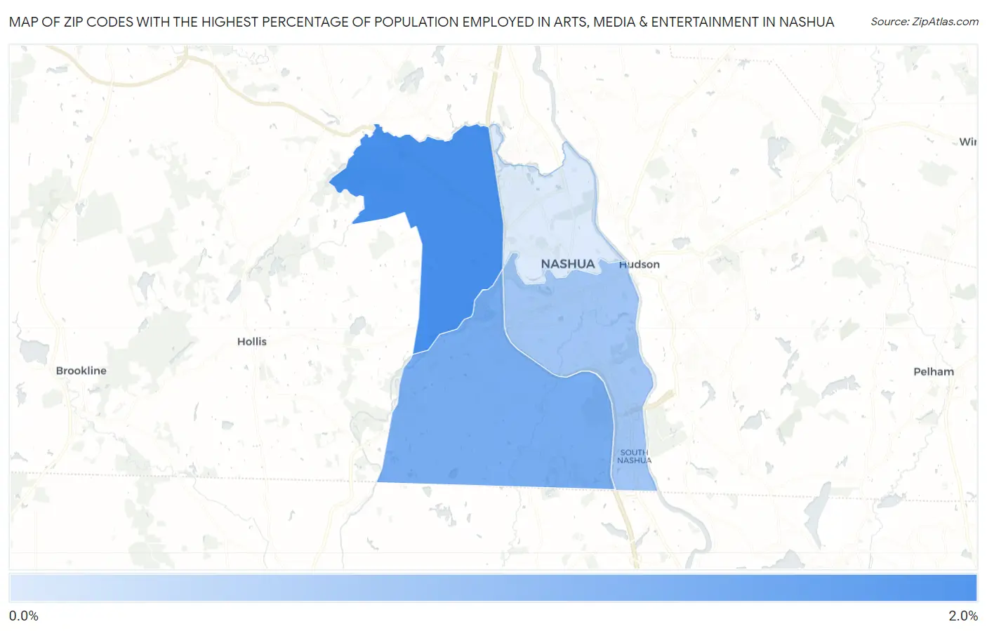 Zip Codes with the Highest Percentage of Population Employed in Arts, Media & Entertainment in Nashua Map