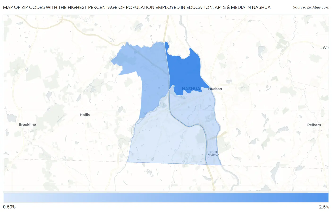 Zip Codes with the Highest Percentage of Population Employed in Education, Arts & Media in Nashua Map