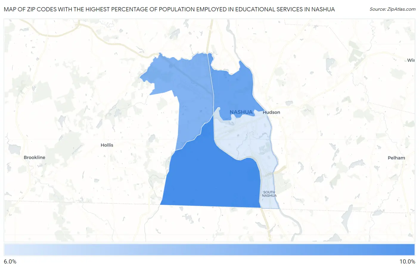 Zip Codes with the Highest Percentage of Population Employed in Educational Services in Nashua Map