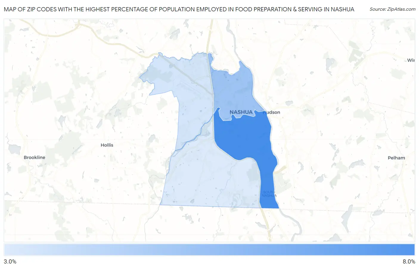 Zip Codes with the Highest Percentage of Population Employed in Food Preparation & Serving in Nashua Map