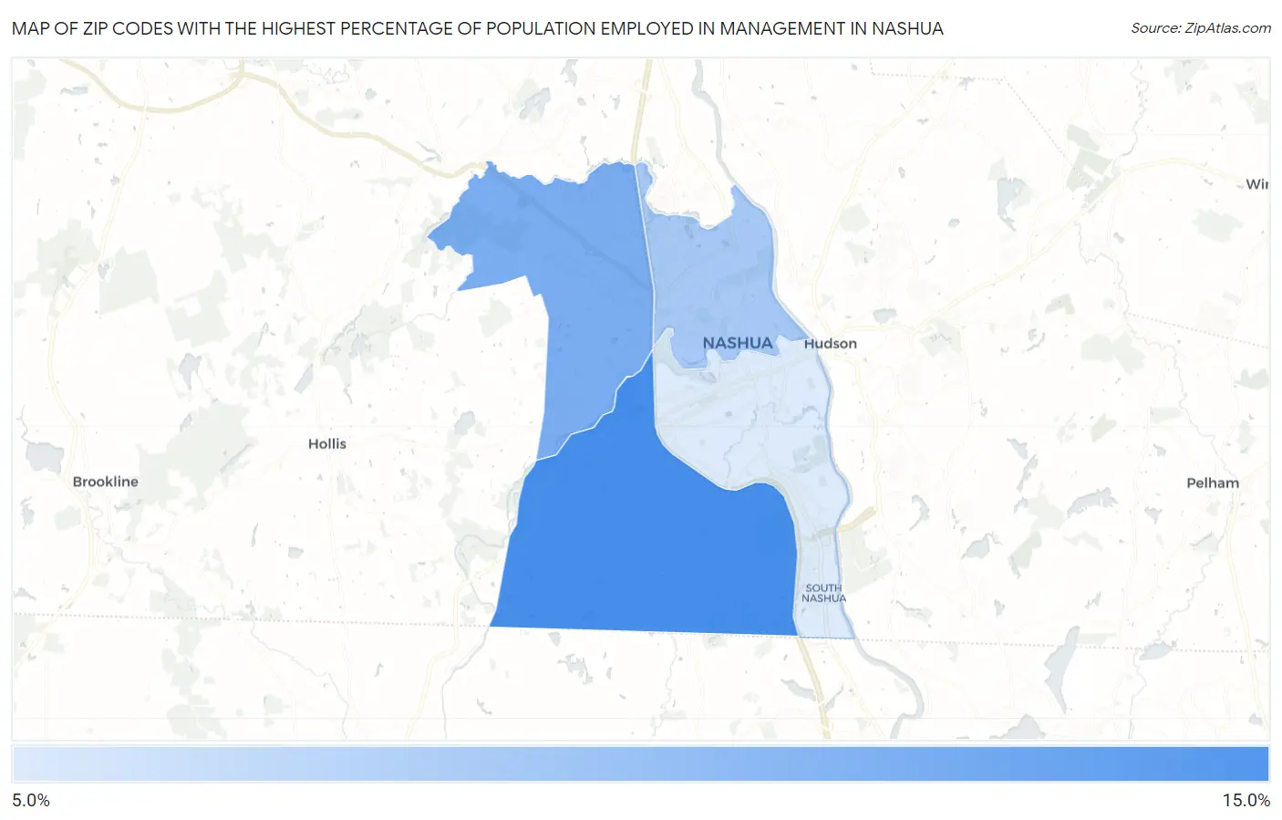 Zip Codes with the Highest Percentage of Population Employed in Management in Nashua Map