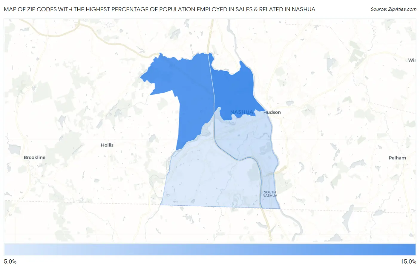 Zip Codes with the Highest Percentage of Population Employed in Sales & Related in Nashua Map
