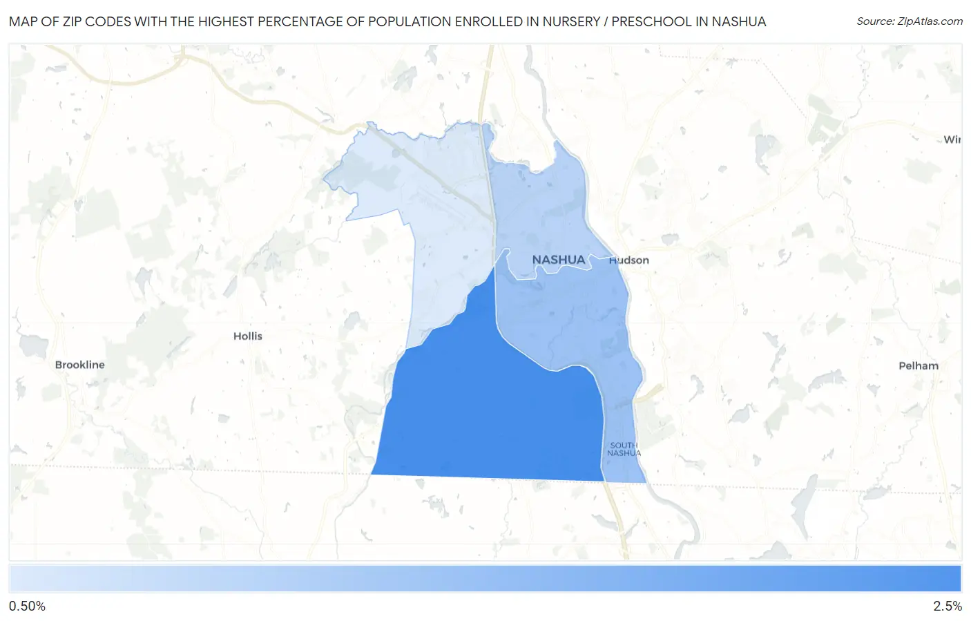 Zip Codes with the Highest Percentage of Population Enrolled in Nursery / Preschool in Nashua Map